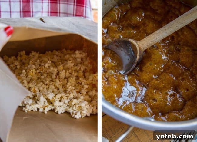 Popcorn and Caramel Ingredients Ready Freshly popped corn kernels displayed next to a saucepan containing the simmering caramel mixture.
