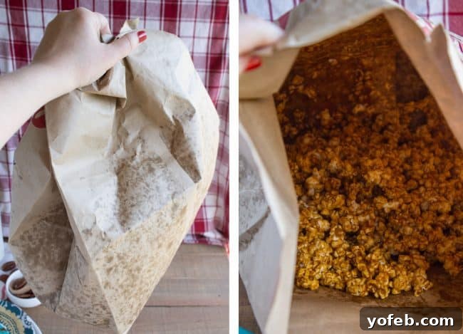 Shaking Caramel Popcorn in Microwave Bag A brown paper bag containing caramel-coated popcorn, being vigorously shaken to ensure even distribution of the caramel.