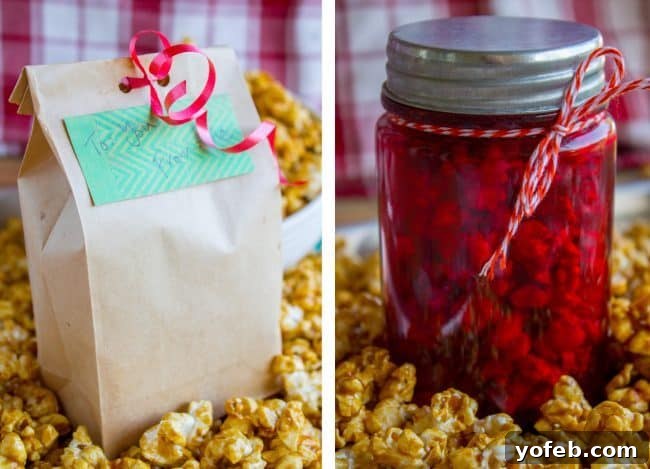 Gifting Homemade Caramel Popcorn Ideas Two appealing gifting options for homemade caramel corn: one in a mini brown paper bag tied with a ribbon and tag, and another in a clear mason jar.