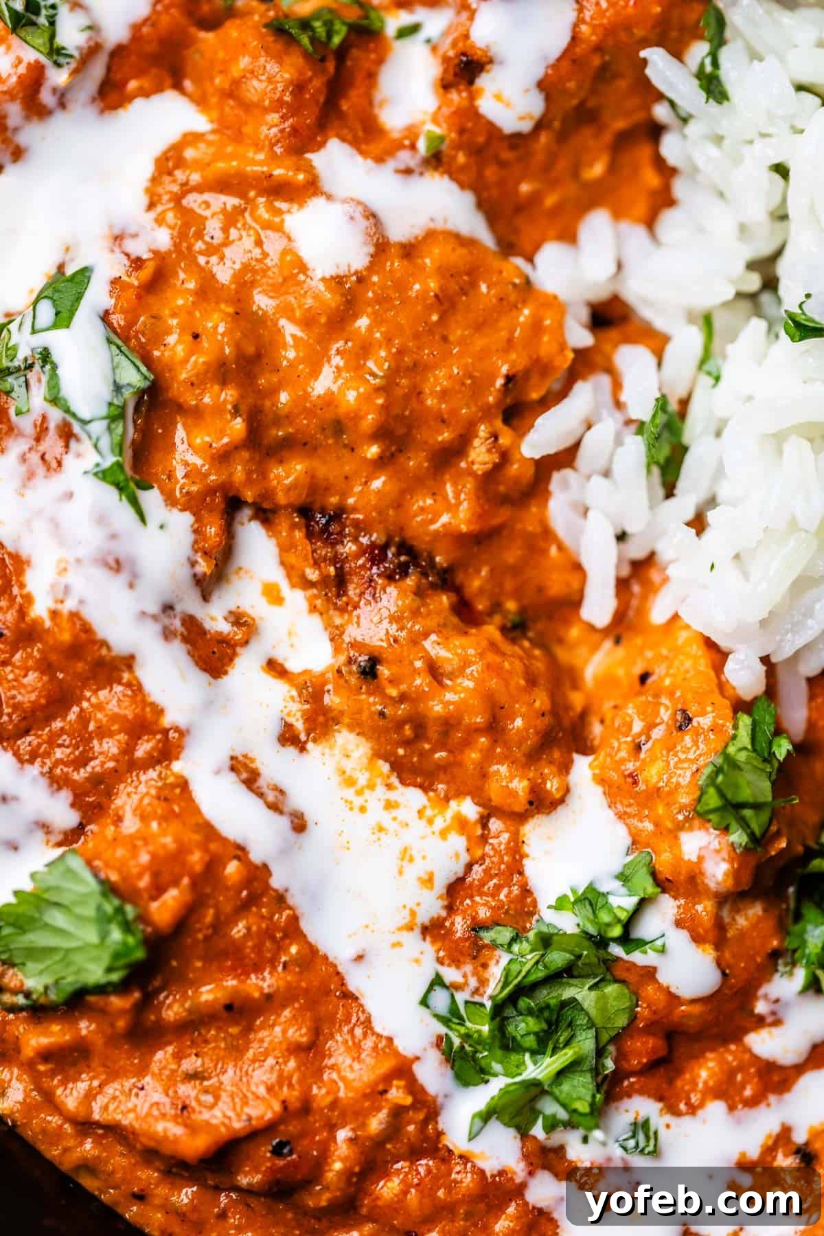 Chicken Tikka Masala A Culinary Revelation 2 close up of chicken tikka masala with cream and parsley garnish and rice.