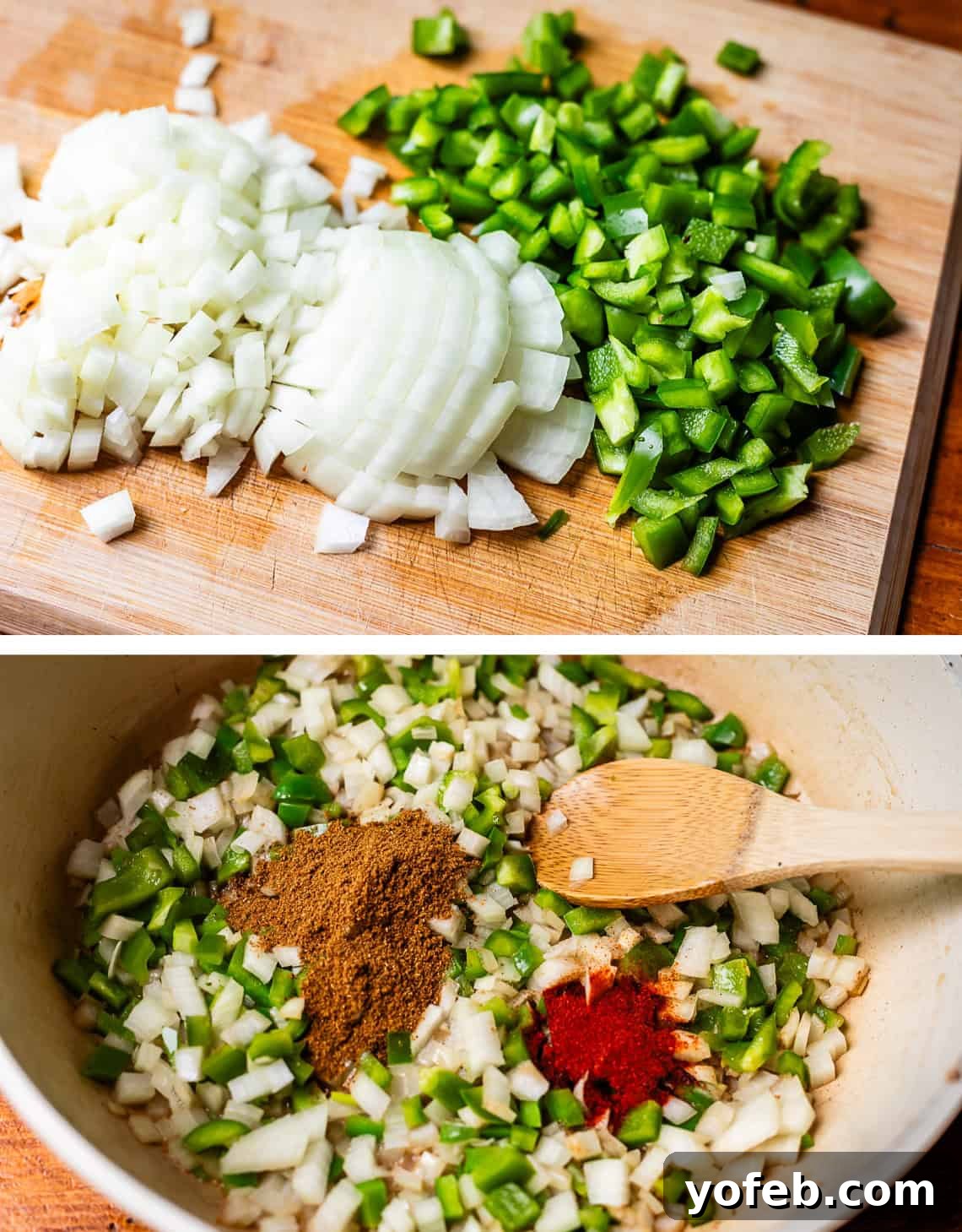 Chicken Tikka Masala A Culinary Revelation 9 top: chopped onion and bell pepper on cutting board, bottom: veggies and spices in pan.