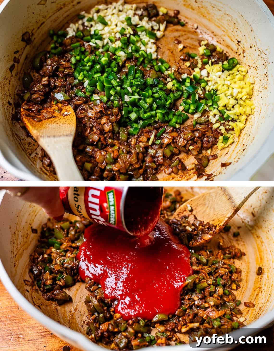 Chicken Tikka Masala A Culinary Revelation 11 top: adding ginger etc to pan, bottom: tomato sauce being poured from a can into pan.
