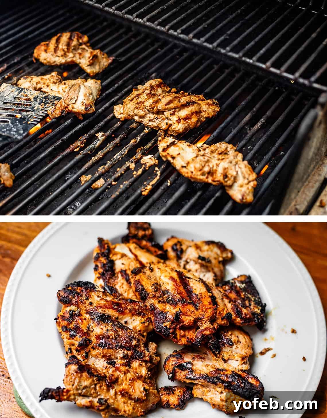 Chicken Tikka Masala A Culinary Revelation 16 top: chicken thighs on a gas grill, bottom: grilled chicken on a plate.