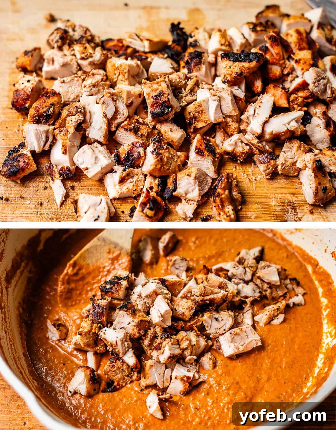Chicken Tikka Masala A Culinary Revelation 17 cooked chicken cut into pieces on cutting board, bottom: chicken pieces added to sauce.