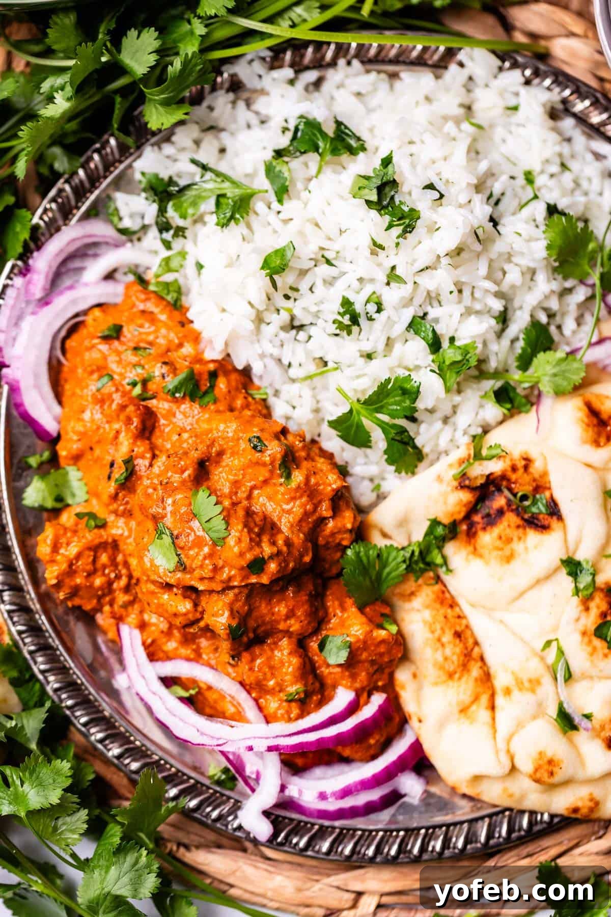 Chicken Tikka Masala A Culinary Revelation 18 looking down on a metal tray with a serving of rice, naan, and tikka masala with red onion garnish.