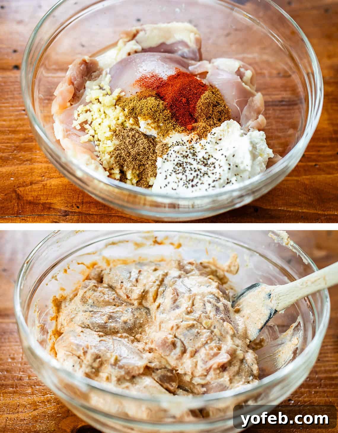 Chicken Tikka Masala A Culinary Revelation 7 top: chicken with marinade ingredients piled on top, bottom: all stirred together.