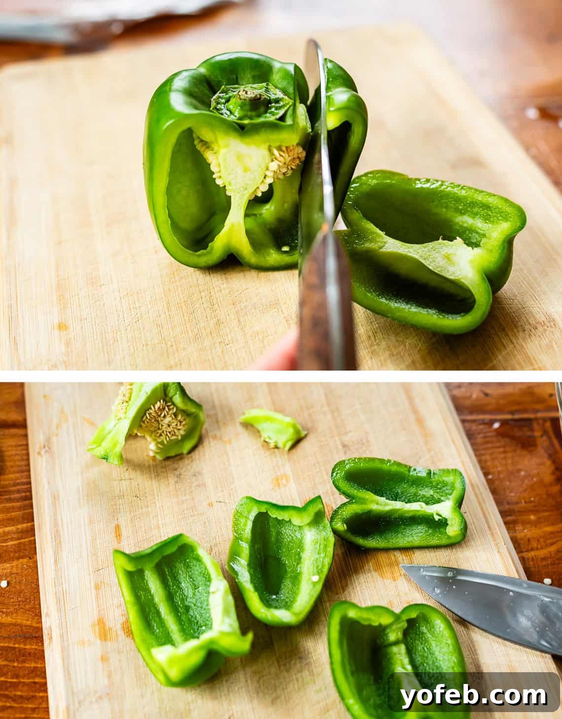 Chicken Tikka Masala A Culinary Revelation 8 top: knife slicing through a bell pepper, bottom: 4 bell pepper pieces on cutting board.
