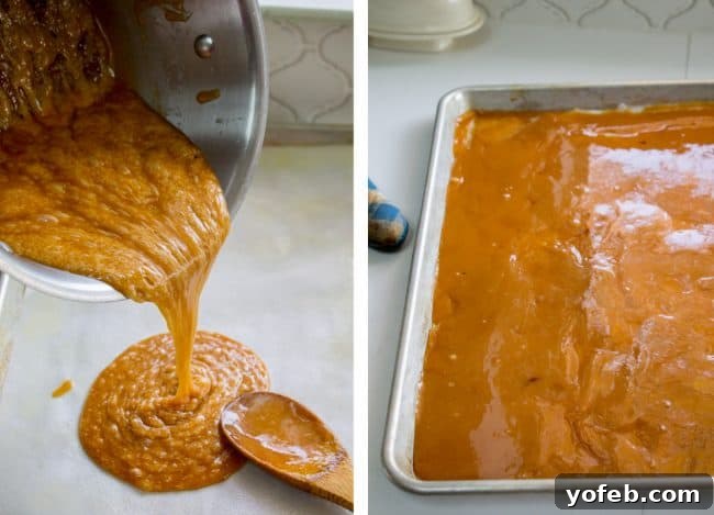 The Best Homemade English Toffee Recipe by The Food Charlatan. This is the BEST homemade English Toffee Recipe, hands down! This is such an easy and QUICK treat to make for the Christmas holidays. You don't even need a candy thermometer! #toffee #English #candy #Christmas #easy #homemade #tutorial #recipe #almonds A saucepan pouring out bubbling liquid toffee onto a baking pan lined with parchment paper, followed by an after-shot of the glossy, caramel-colored toffee drying on the pan on a white countertop.