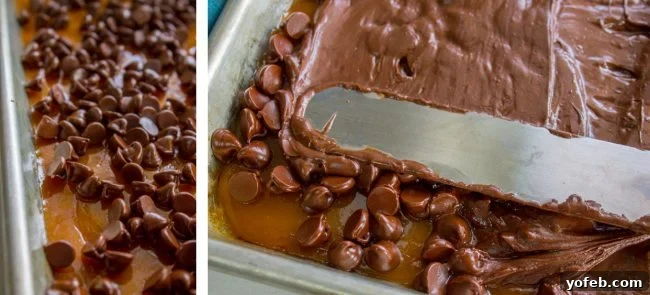 The Best Homemade English Toffee Recipe by The Food Charlatan. This is the BEST homemade English Toffee Recipe, hands down! This is such an easy and QUICK treat to make for the Christmas holidays. You don't even need a candy thermometer! #toffee #English #candy #Christmas #easy #homemade #tutorial #recipe #almonds Chocolate chips being poured onto the caramel-colored toffee to melt, followed by an image of a spatula smoothing out the melted chocolate chips to form the chocolate layer of the toffee.
