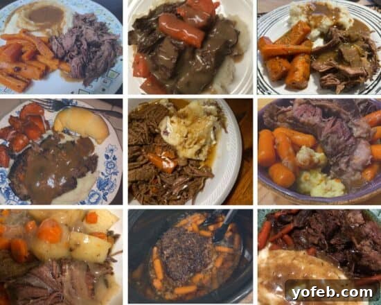 Effortless Slow Cooker Pot Roast 2 9 plates of crock pot pot roast with carrots and potatoes. A collage of nine different images, each showcasing a beautifully presented plate of slow cooker pot roast with tender carrots, often accompanied by mashed potatoes and gravy, demonstrating the delicious results achievable with this recipe.
