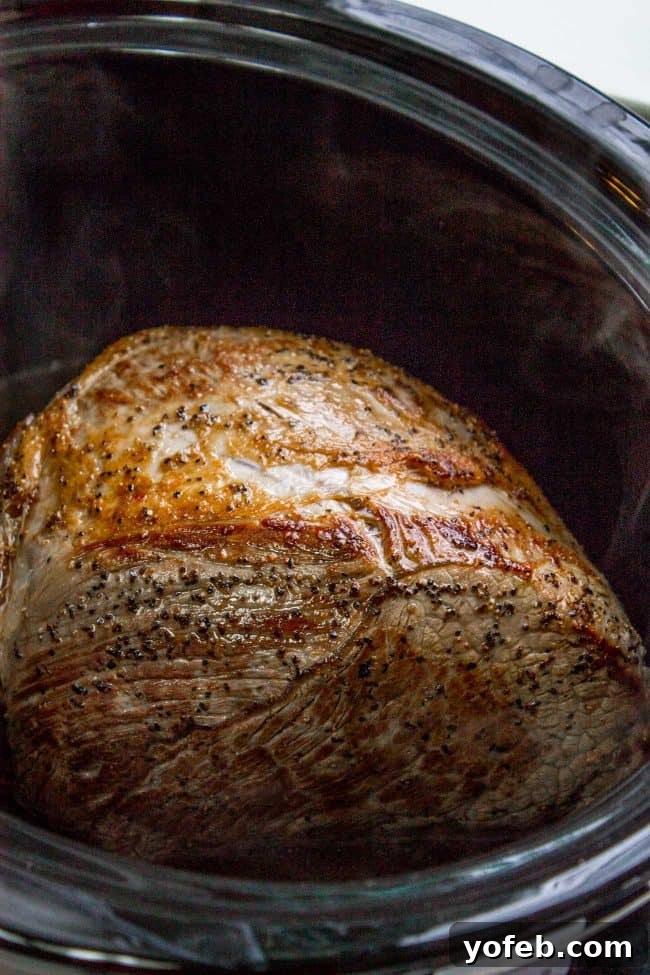 Easy Fall-Apart Pot Roast with Carrots (Slow Cooker) from The Food Charlatan. Super tender, juicy, fall-apart crock pot roast is not as hard as you think! This slow cooker recipe uses a few simple ingredients (one of them is patience) to make the most flavorful pot roast ever! #potroast #slowcooker #crockpot #roast #chuckroast #tender #juicy Seared chuck roast in crock pot. A seared chuck roast, perfectly browned on the outside, nestled inside a slow cooker, ready for the long braising process that will transform it into a tender meal.