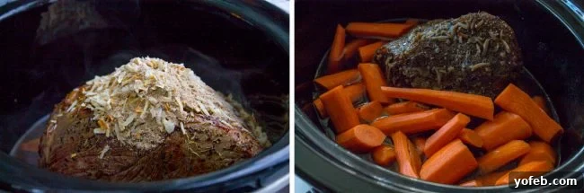 Easy Fall-Apart Pot Roast with Carrots (Slow Cooker) from The Food Charlatan. Super tender, juicy, fall-apart crock pot roast is not as hard as you think! This slow cooker recipe uses a few simple ingredients (one of them is patience) to make the most flavorful pot roast ever! #potroast #slowcooker #crockpot #roast #chuckroast #tender #juicy Pot roast with onion soup mix in slow cooker. A slow cooker filled with a chuck roast, seasoned with onion soup mix and various spices, with carrots added during the later stages of cooking.
