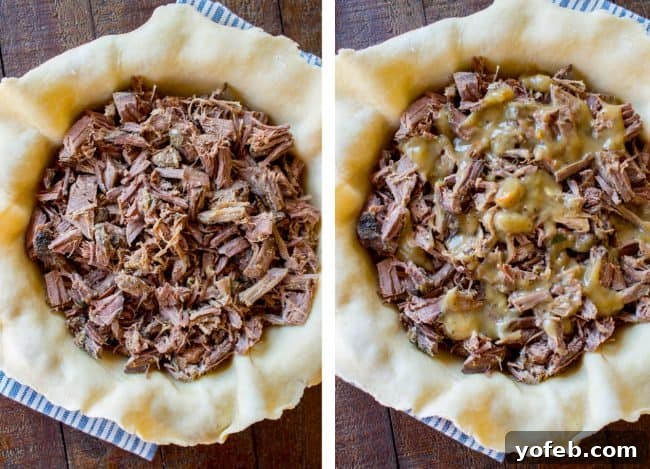 Roast Beef, Carrot, Potato Comfort Pie 6 leftover roast beef in a uncooked pie crust.