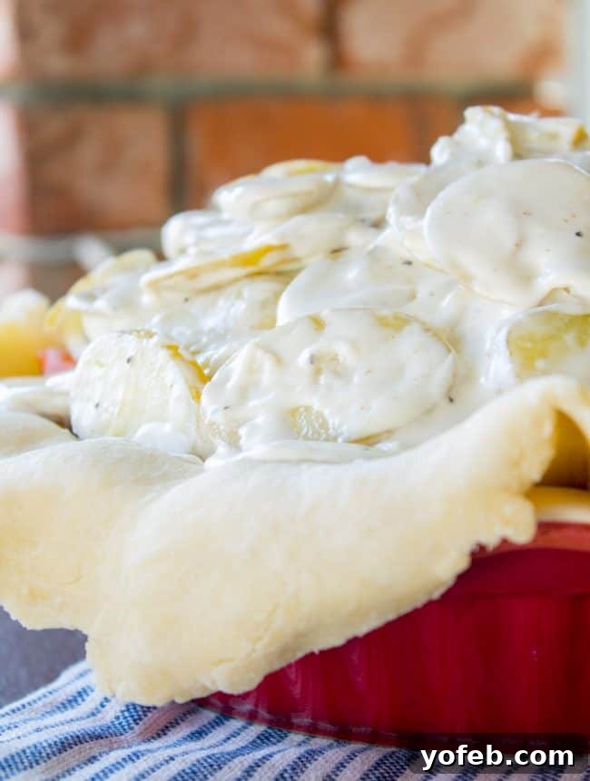 Roast Beef, Carrot, Potato Comfort Pie 8 scalloped potatoes in pie in a red pie pan.