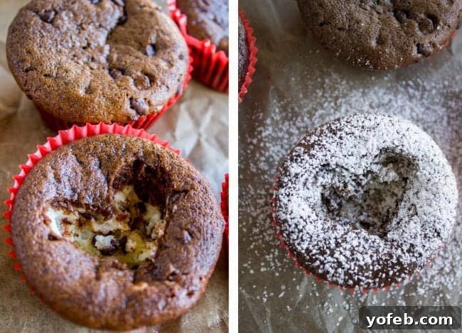 Chocolate Cheesecake Cupcakes dusted with powdered sugar, ready for cherry filling.