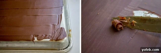 Velvety French Silk Delight with Graham Cracker Crunch 10 A closer look at the process of creating chocolate curls, with a tool scraping fine curls off a hardened layer of chocolate.