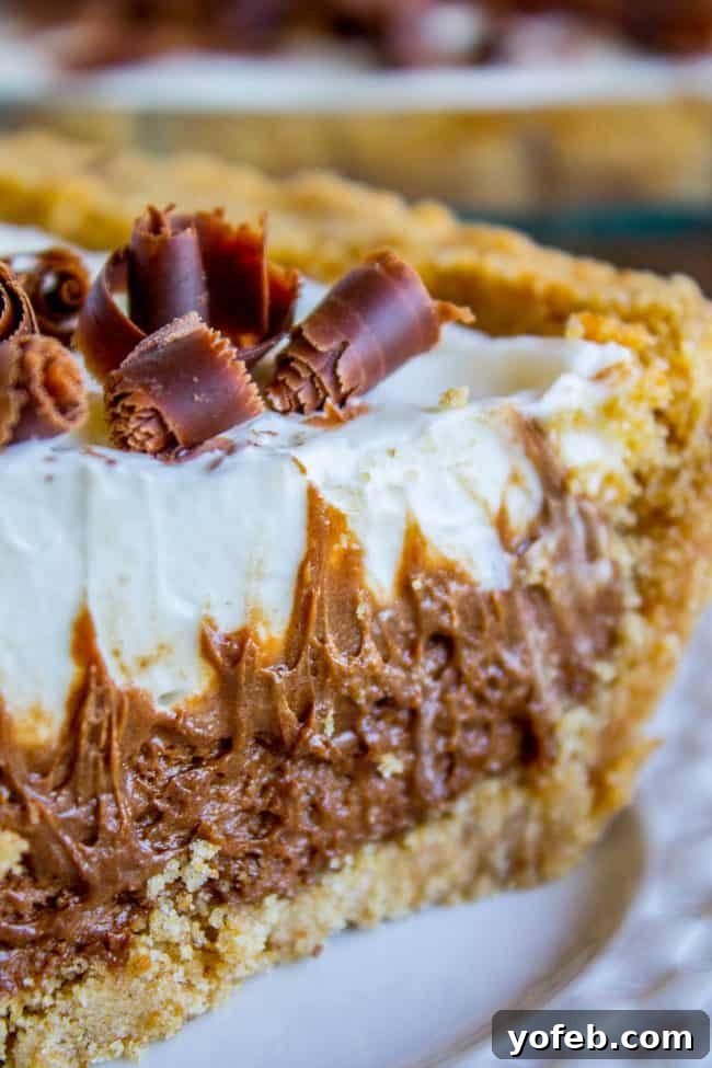 Sliced piece of French Silk Pie with Graham Cracker Crust A perfectly sliced piece of French Silk Pie showcasing distinct layers of thick graham cracker crust, smooth chocolate filling, and generous stabilized whipped cream.