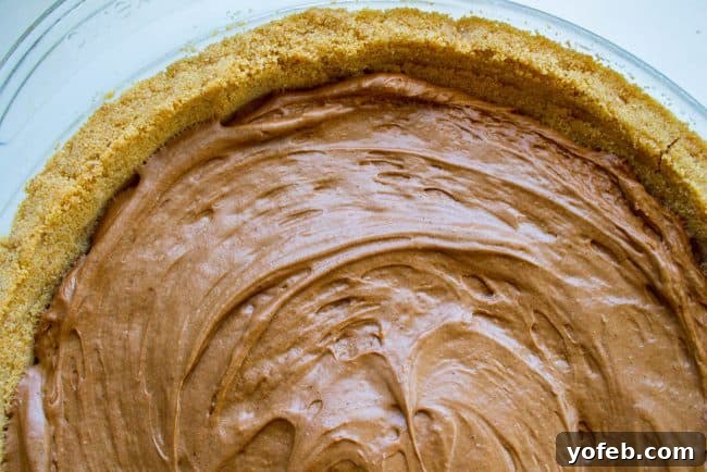 Velvety French Silk Delight with Graham Cracker Crunch 6 Smooth, rich chocolate French Silk Pie filling being carefully poured into a baked and cooled graham cracker crust in a pie dish.