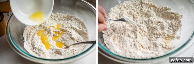 Roti Buttery Indian Flatbread Perfection 14 adding butter to flour in a glass bowl, mixing it together with a fork.