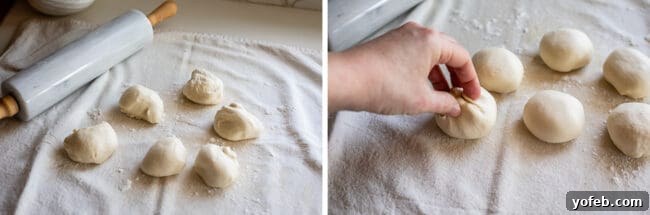 Roti Buttery Indian Flatbread Perfection 17 balls of dough on a pastry cloth next to a rolling pin, pinching the dough to shape.