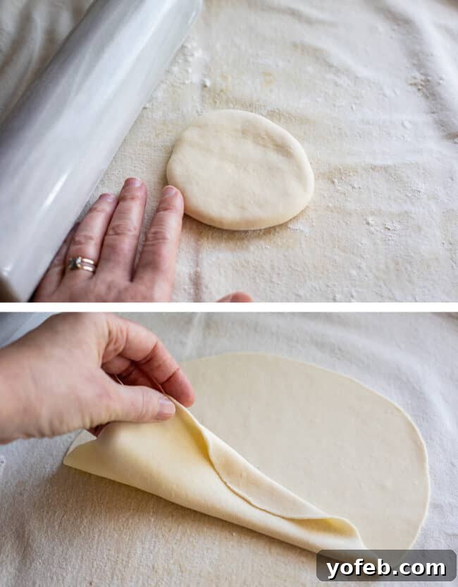 Roti Buttery Indian Flatbread Perfection 18 disk of dough ready to roll out, rolled out dough very flat with hand holding it up.