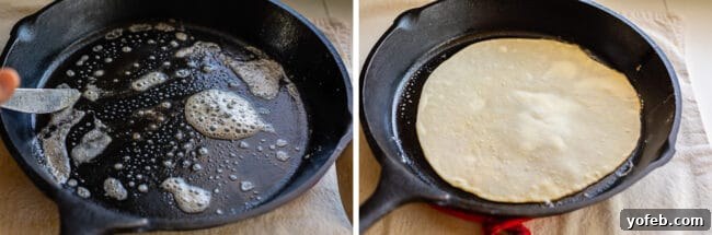 Roti Buttery Indian Flatbread Perfection 19 butter coating a cast iron skillet, roti in a pan.