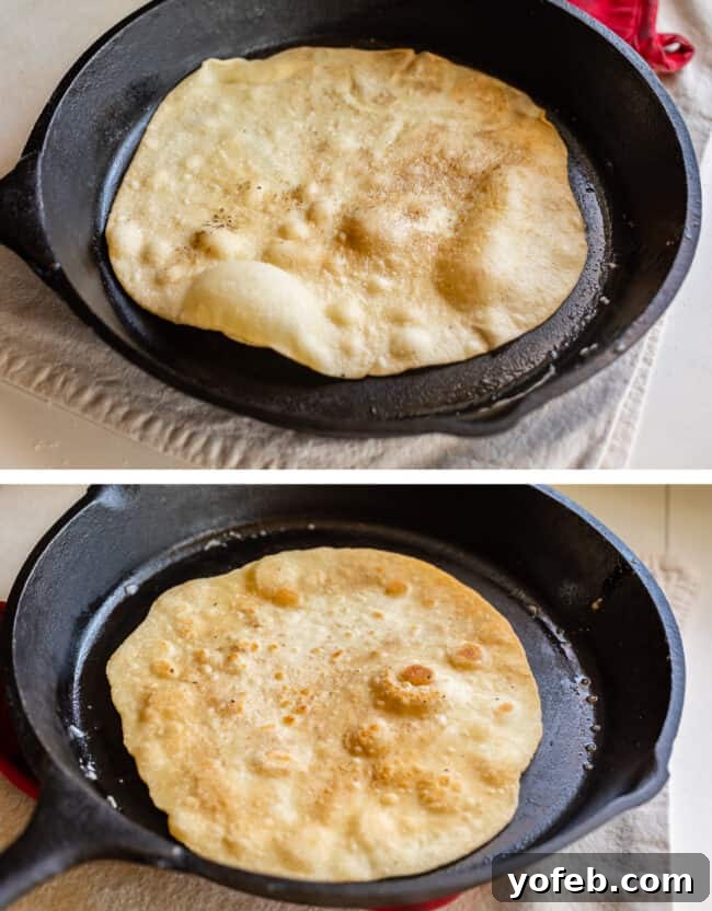 Roti Buttery Indian Flatbread Perfection 21 bubbly roti bread cooking in a skillet, flipped with brown spots.
