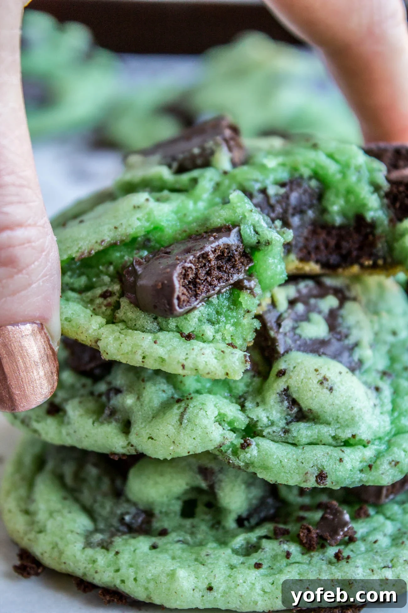 Thin Mint Mint Cookies: A double mint cookie dream with Girl Scout Thin Mints inside, perfect for St. Patrick's Day or any mint chocolate craving. #cookies #stpatricksday #thinmint #girlscout #green #mint A stack of perfectly baked green mint cookies, generously stuffed with Thin Mints, on a cooling rack.