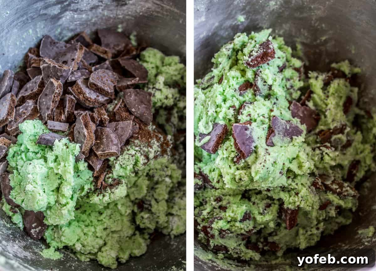Thin Mint Mint Cookies: A double mint cookie dream with Girl Scout Thin Mints inside, perfect for St. Patrick's Day or any mint chocolate craving. #cookies #stpatricksday #thinmint #girlscout #green #mint Close-up of vibrant green cookie dough in a mixing bowl, generously studded with chopped Thin Mint pieces, ready for baking.
