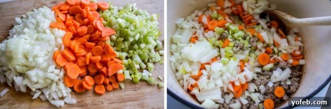Hearty Sausage and Pesto Minestrone 2 carrots, celery, and onions chopped on a wooden cutting board and then stirred in a pot.