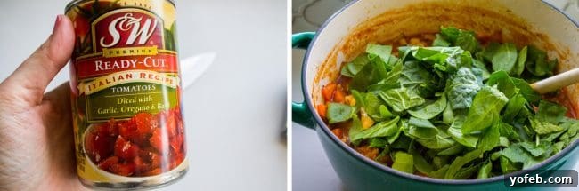 Hearty Sausage and Pesto Minestrone 3 can of diced tomatoes and a pot of soup with chopped spinach.