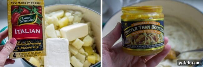 Essential Flavors for Italian Mashed Potatoes Dry Italian dressing mix packets and a jar of Better Than Bouillon Chicken Base.