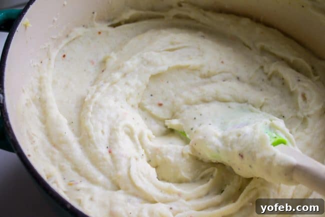 Perfectly Creamy Italian Mashed Potatoes in a Pot A large pot filled with creamy mashed potatoes, ready for baking.