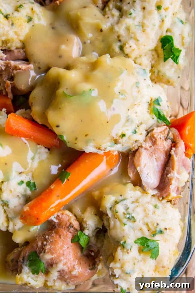 Homemade Chicken and Dumplings: A Southern-Inspired Slow Cooker Meal A bowl filled with hearty chicken, tender carrots, and fluffy dumplings, all generously coated in a rich gravy.