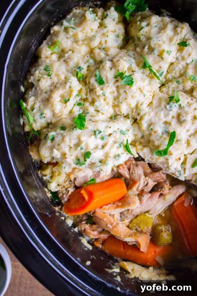 Easy Slow Cooker Chicken and Dumplings: A Hands-Off Recipe Chicken and dumplings simmering gently in a crockpot, illustrating the slow cooking process.