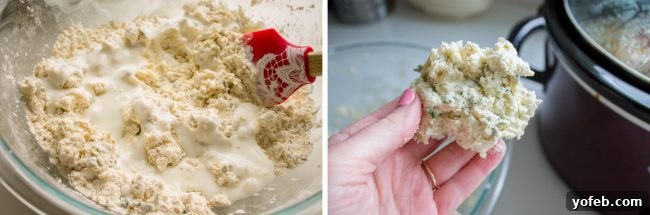 Homemade Dumpling Preparation Steps Two images: one showing dumpling dough being stirred, the other showing a dumpling being shaped by hand.