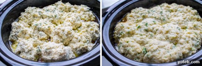 Dumplings Cooking in the Slow Cooker Two images: uncooked dumpling dough dropped into the crockpot, and fully cooked, fluffy dumplings in the crockpot.