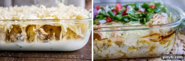 Pre and Post Bake pan of creamy enchiladas