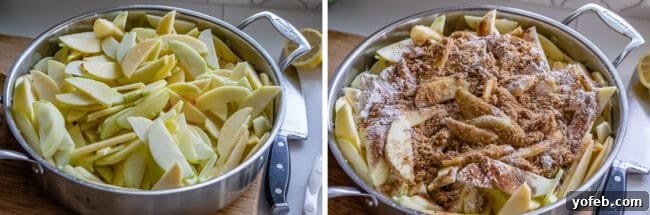 Grandma's Secret Apple Pie 11 A visual comparison showing a skillet filled with raw apple slices on the left, and the same skillet with cooked, softened apples and caramel sauce on the right, highlighting the cooking process.