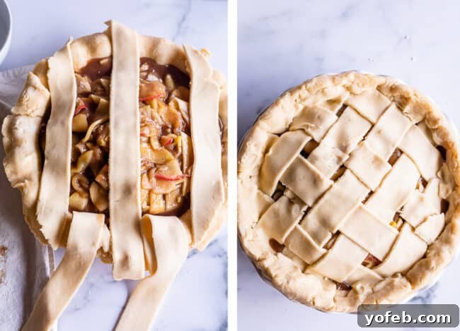 Grandma's Secret Apple Pie 14 Detailed step-by-step imagery of weaving a beautiful lattice crust for an apple pie, showcasing precision and artistry.