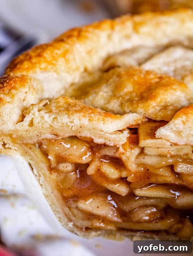 Grandma's Secret Apple Pie 18 A side profile view of a tall, perfectly baked apple pie with a golden lattice crust, showcasing its appealing height and texture.