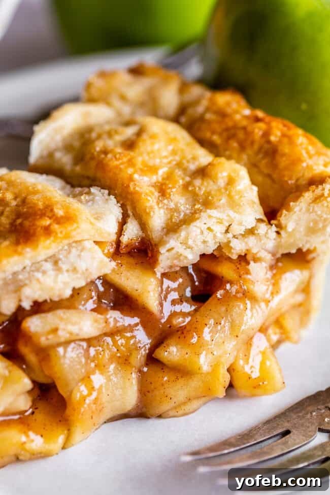 Grandma's Secret Apple Pie 19 A perfect slice of homemade apple pie on a white plate, showcasing its golden crust and delicious filling.
