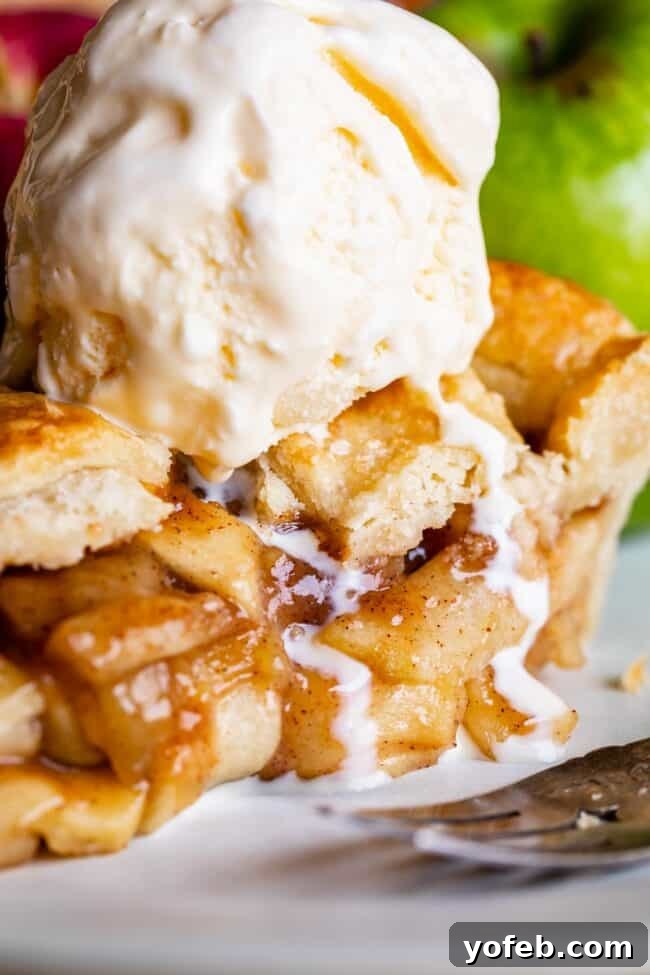 Grandma's Secret Apple Pie 6 A slice of homemade apple pie with a dollop of vanilla ice cream melting on top, presented on a rustic wooden surface.