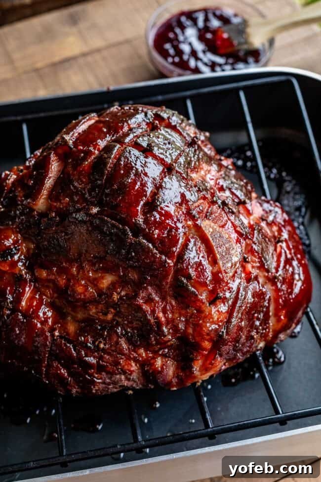 Perfectly Glazed Ham Slices Close-up of baked ham slices with raspberry chipotle glaze