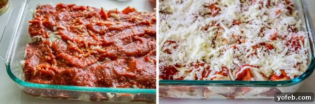 Baked Pizza Casserole Delight Golden-brown Easy Pizza Casserole just out of the oven, with perfectly melted cheese.
