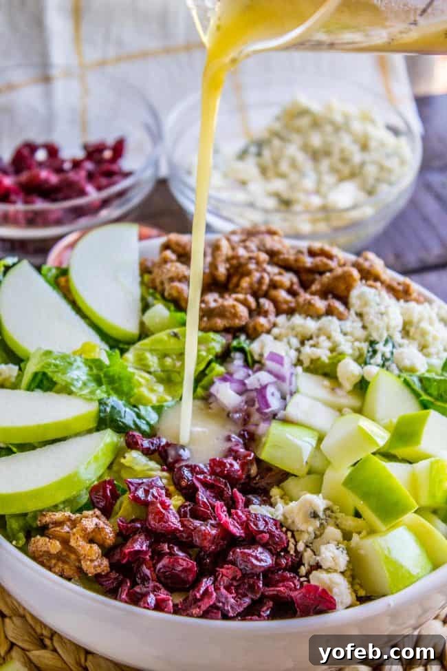 Homemade Buca di Beppo Apple Gorgonzola Salad 3 A close-up shot of the homemade Apple Gorgonzola Salad with detailed view of ingredients like crisp lettuce, apple slices, and cranberries.