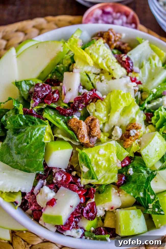 Homemade Buca di Beppo Apple Gorgonzola Salad 7 Close up of Apple Gorgonzola Salad with a focus on gorgonzola crumbles and cranberries.