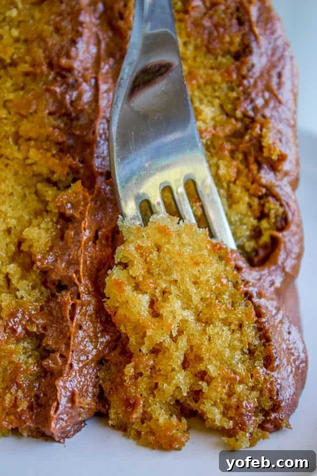 A close-up of a slice of brown sugar yellow cake, revealing its moist crumb and generous layers of chocolate frosting, with a fork poised for a bite. A tempting slice of moist yellow cake with rich chocolate frosting and a fork, highlighting its tender crumb.