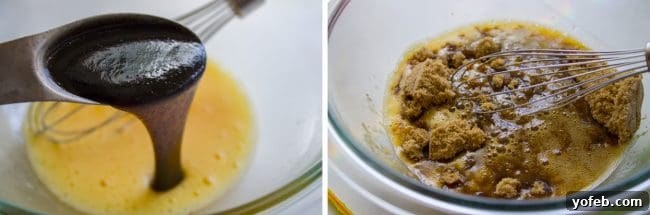 Adding vanilla bean paste and brown sugar to the cake batter for enhanced flavor and moistness. A close-up shot showing vanilla bean paste being added to beaten eggs, followed by the addition of brown sugar, illustrating key steps in the cake preparation.