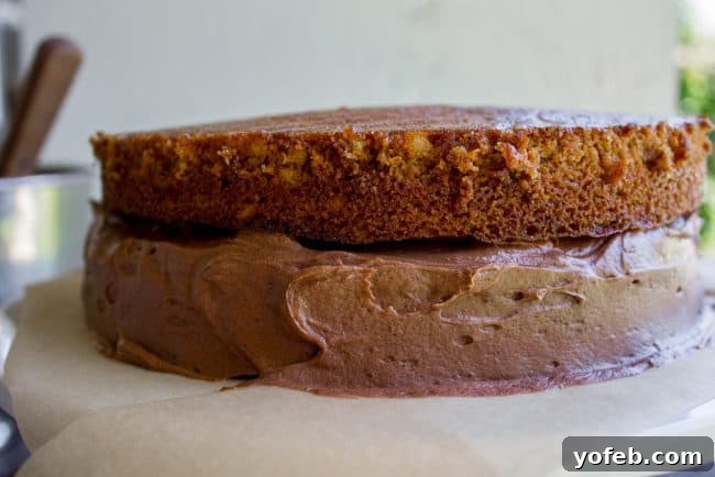 The step-by-step process of frosting a layer cake with chocolate buttercream, emphasizing smooth and generous coverage. Detailed shot of frosting a two-layer cake, showing the process of applying a thick layer of chocolate buttercream evenly across the top and sides.